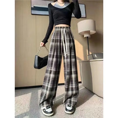 Drawstring Waist Plaid Wide Leg Pants