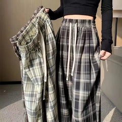 Drawstring Waist Plaid Wide Leg Pants