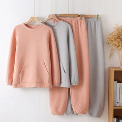 Pajama Set: Crew Neck Houndstooth Sweatshirt + Elastic Waist Straight Leg Pants