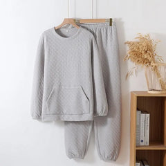 Pajama Set: Crew Neck Houndstooth Sweatshirt + Elastic Waist Straight Leg Pants