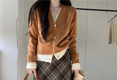 V-Neck Plain Cardigan / Single-Breasted Blazer / High Rise Plaid Maxi Pencil Skirt