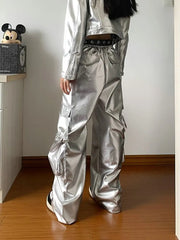 Band Collar Plain faux Leather Zip Jacket / Crop Camisole Top / Mid Rise Wide Leg Cargo Pants / Belt / Set