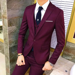 Set: Lapel Collar Plain Single Breasted Blazer + V-Neck Vest + Mid Rise Dress Pants
