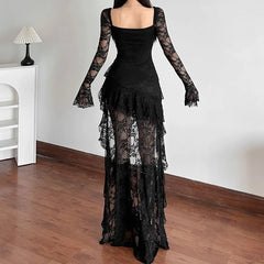 Long Sleeve Sweetheart Neck Plain Ruffle High-Low Lace A-Line Dress