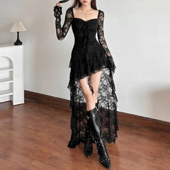 Long Sleeve Sweetheart Neck Plain Ruffle High-Low Lace A-Line Dress