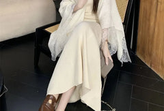 Spaghetti Strap V-Neck Plain Lace Trim Maxi Mermaid Knit Dress / Shawl