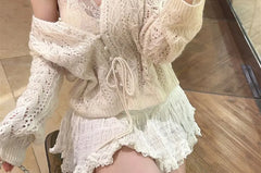 Halter V-Neck Plain Bow Lace Top / V-Neck Pointelle Cardigan