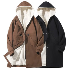 Plain Hooded Drawstring Waist Zip-Up Long Trench Coat