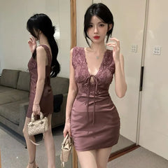 Sleeveless V-Neck Plain Tie-Up Panel Lace Mini Sheath Dress
