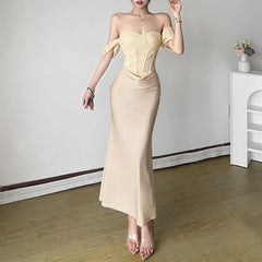 Sleeveless Off Shoulder Ruched Panel Lace Maxi Mermaid Dress