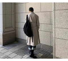 Lapel Collar Plain Double-Breasted Long Trench Coat