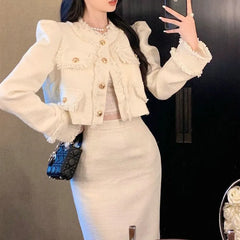 Set: Round Neck Plain Fringed Crop Button Jacket + High Rise Midi Pencil Skirt