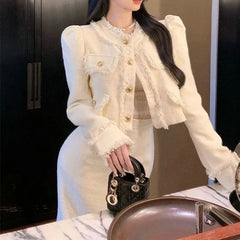 Set: Round Neck Plain Fringed Crop Button Jacket + High Rise Midi Pencil Skirt