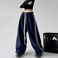 Drawstring Waist Ruffled-Trim Striped Baggy Sweatpants