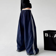 Drawstring Waist Ruffled-Trim Striped Baggy Sweatpants