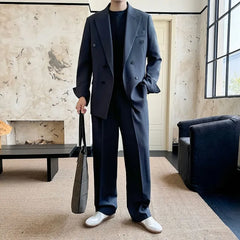 Lapel Collar Plain Double Breasted Blazer / Mid Rise Plain Wide Leg Pants
