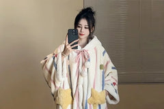 Striped Dotted Hood Pom Pom Coral Fleece Button Robe