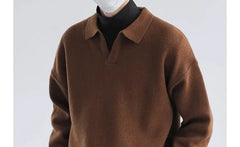 Polo Neck Drop Shoulder Plain Waffle Knit Sweater