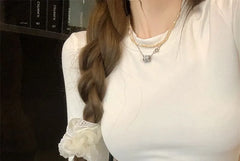 Long-Sleeve Round Neck Ruffle Trim Slim Fit T-Shirt