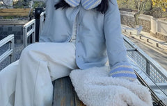 Striped Fleece Padded Button Jacket / Scarf