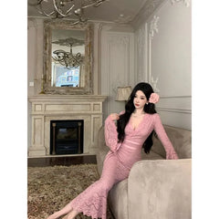 Flared-Sleeve V-Neck Lace Maxi Mermaid Dress