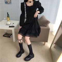 Long-Sleeve Square Neck Lace A-Line Dress