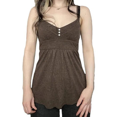 V-Neck Button Detail Plain Open-Back A-Line Camisole Top