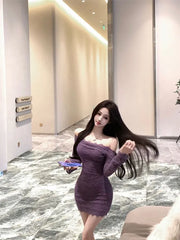 Long-Sleeve Off-Shoulder Plain Lace Mini Sheath Dress