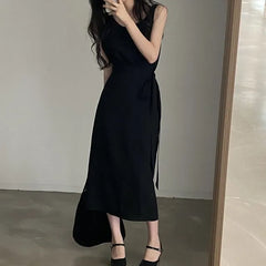 Sleeveless Round Neck Plain Tie-Waist Midi Sheath Dress
