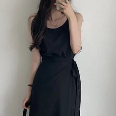 Sleeveless Round Neck Plain Tie-Waist Midi Sheath Dress