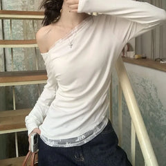 Long-Sleeve Off-Shoulder Plain Asymmetrical Lace Panel Slim Fit Tee