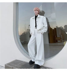 Set: Button-Up Plain Blazer + Wide Leg Dress Pants