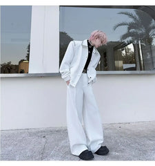 Set: Button-Up Plain Blazer + Wide Leg Dress Pants