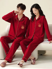 Couple Matching Pajama Set: Long Sleeve Collared Contrast Trim Shirt + Elastic Waist Straight Leg Pants (Various Designs)