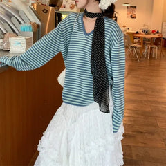 Long-Sleeve V-Neck Striped Knit Top / High Waist Plain Ruffled Midi A-Line Layered Skirt / Dotted Scarf