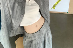 Collared Tie Dye Oversized Shirt / Mid Waist Plain Wide Leg Pants