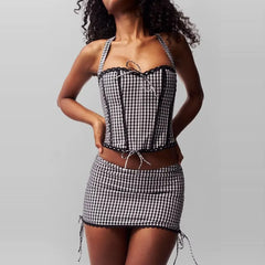 Halter Plaid Panel Lace Trim Top / Mid Waist Drawstring Mini Pencil Skirt
