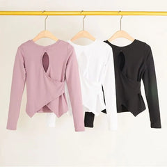 Asymmetrical Cutout Long Sleeve Round Neck Plain Sports T-Shirt