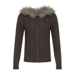 Long Sleeve Plain Cable-Knit Fluffy Hooded Zip-Up Cardigan