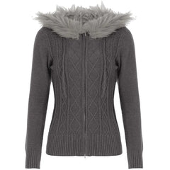 Long Sleeve Plain Cable-Knit Fluffy Hooded Zip-Up Cardigan