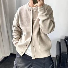 Crew Neck Button-Up Plain Cardigan