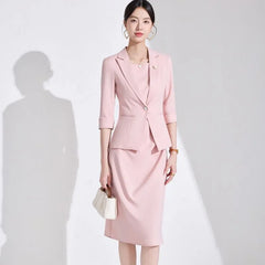 Elbow-Sleeve Peak Lapel Single-Button Blazer / Sleeveless Crew Neck Sheath Dress / Suit Pants