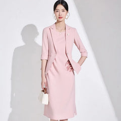 Elbow-Sleeve Peak Lapel Single-Button Blazer / Sleeveless Crew Neck Sheath Dress / Suit Pants