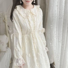 Long-Sleeve Collared Lace Midi A-Line Dress