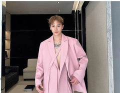 Set: Mock Two-Piece Peak Lapel Plain Buttoned Slit Blazer + Mid Rise Wide Leg Dress Pants