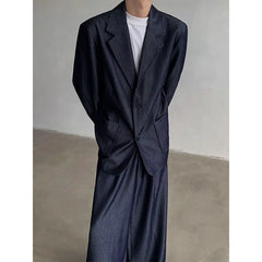 One Buttoned Denim Blazer / High Waist Wide Leg Dress Pants / Set