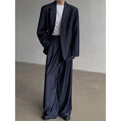 One Buttoned Denim Blazer / High Waist Wide Leg Dress Pants / Set