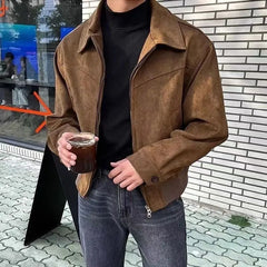 Collared Plain Faux Suede Zip Jacket