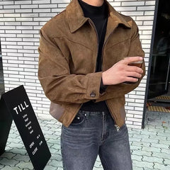 Collared Plain Faux Suede Zip Jacket