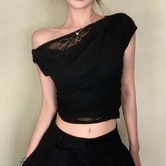 One-Shoulder Short Sleeve Asymmetrical Ruched Lace Trim Crop Top
